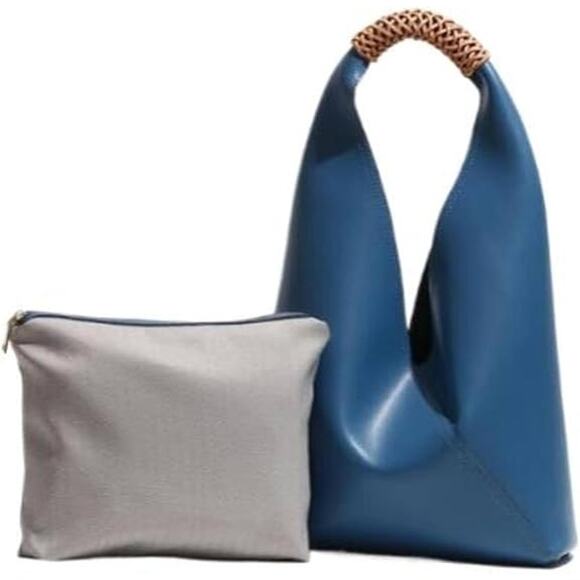 BRAND NEW ~ Set/2 Blue Leather Slouchy Hobo Shoulder Bag Purse & Cosmetic Bag - Picture 1 of 5